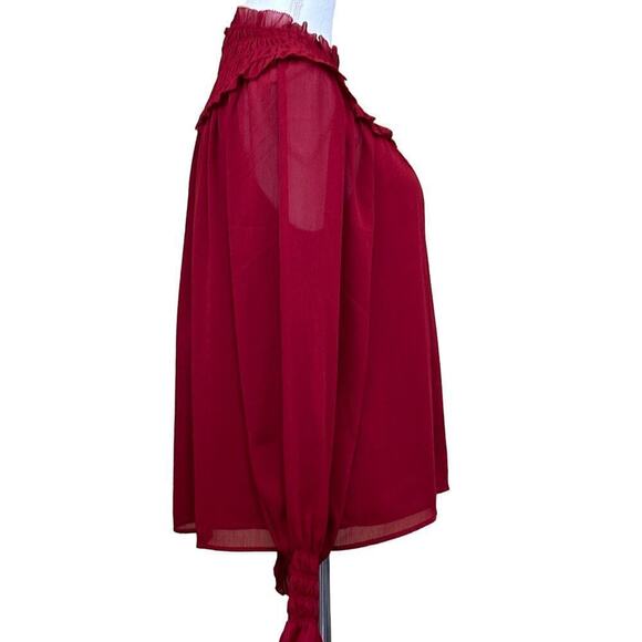 Ann Taylor red smocked yoke blouse, NWT, medium, office, career, sheer, bright - Picture 2 of 8